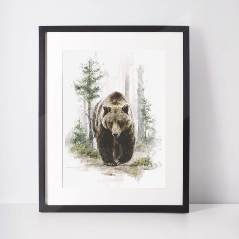 Watercolor Brown Bear Forest Wall Art Print, Unframed Misty Grizzly Illustration - Picture 3 of 5